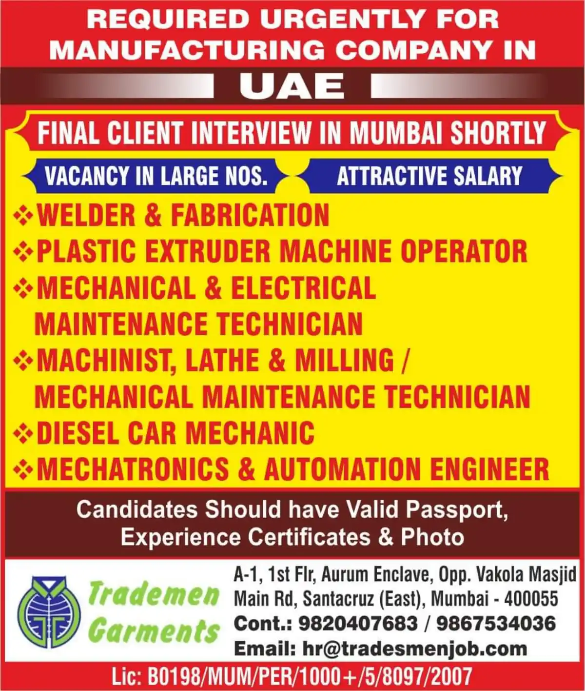 Urgent Hiring for Manufacturing Company in UAE – Large Vacancies for Welders, Technicians, and Engineers