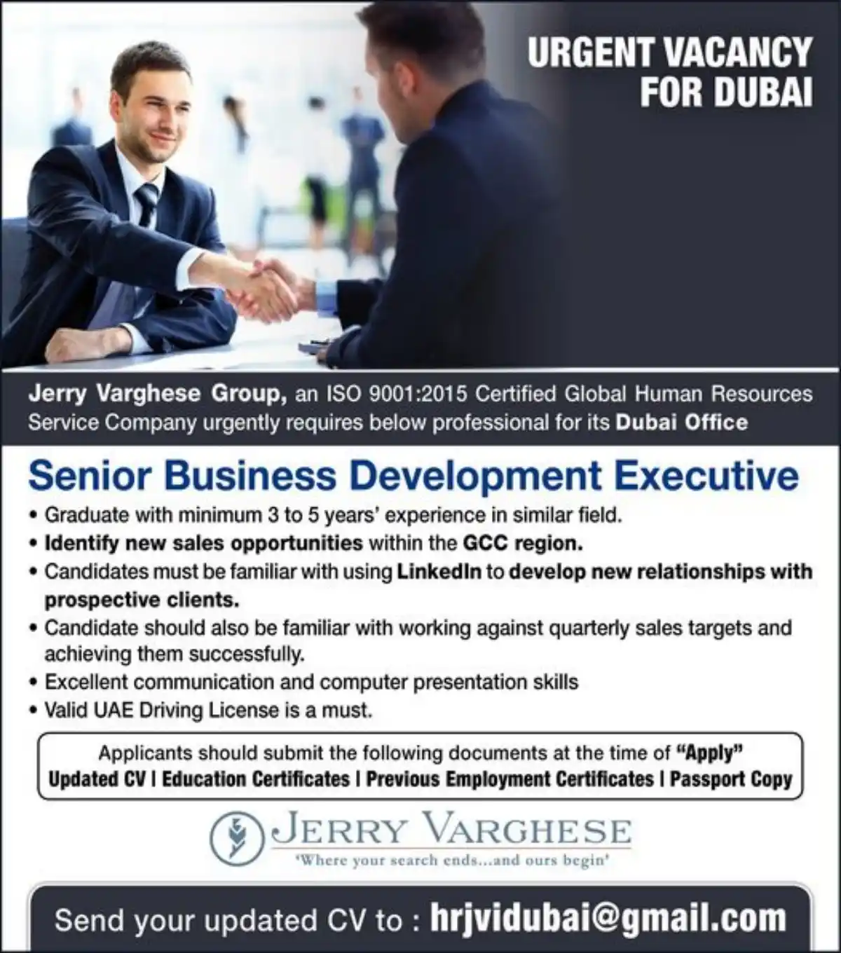 Urgent Vacancy for Dubai