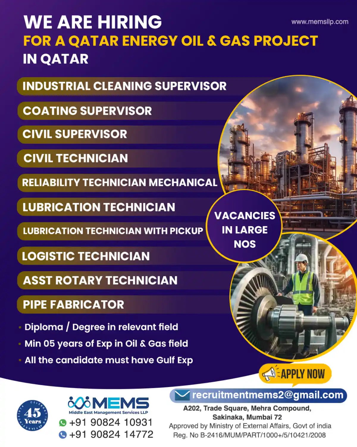 Job in Qatar for Supervisor and Technicians