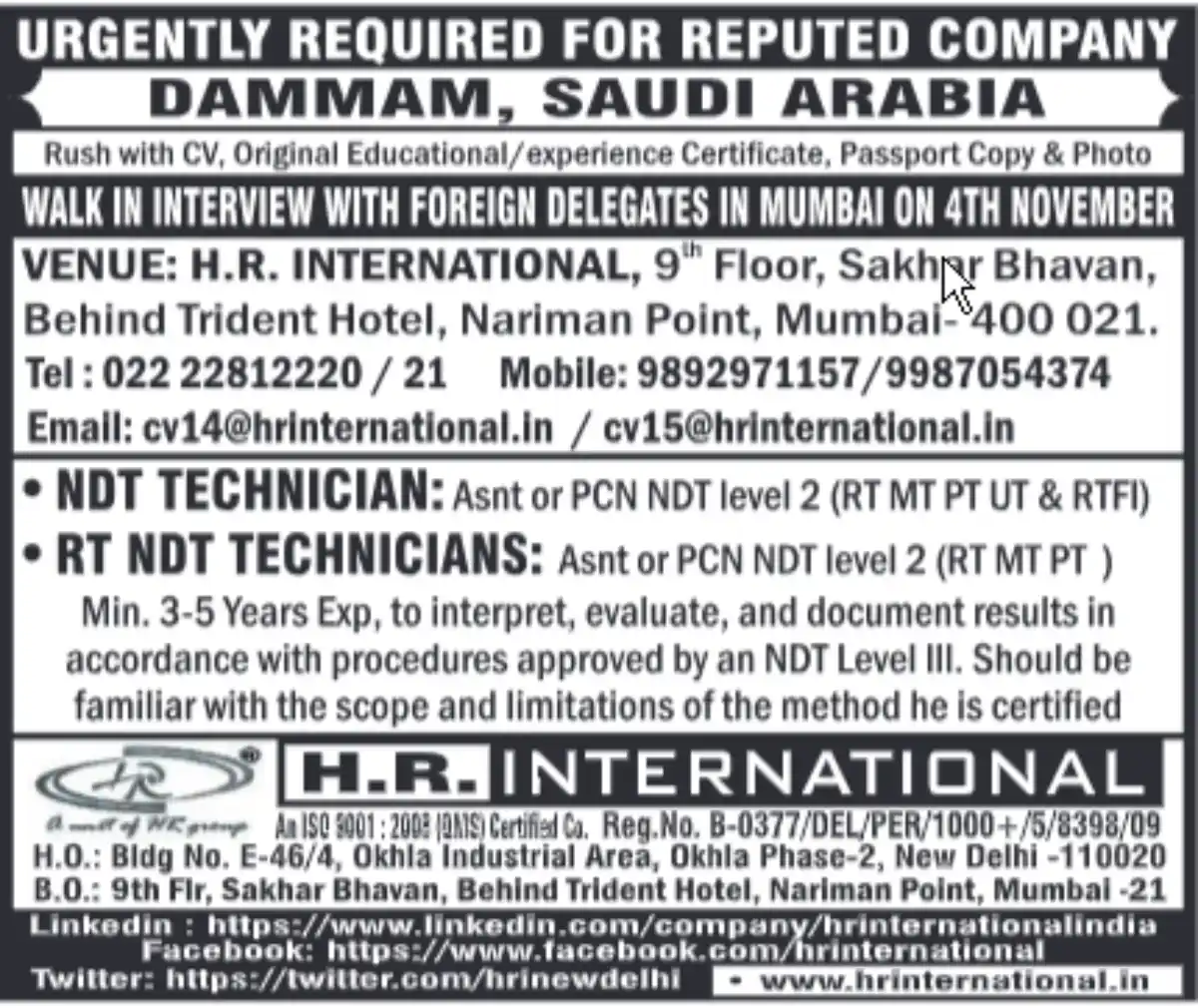 Required NDT and RT NDT Technicians