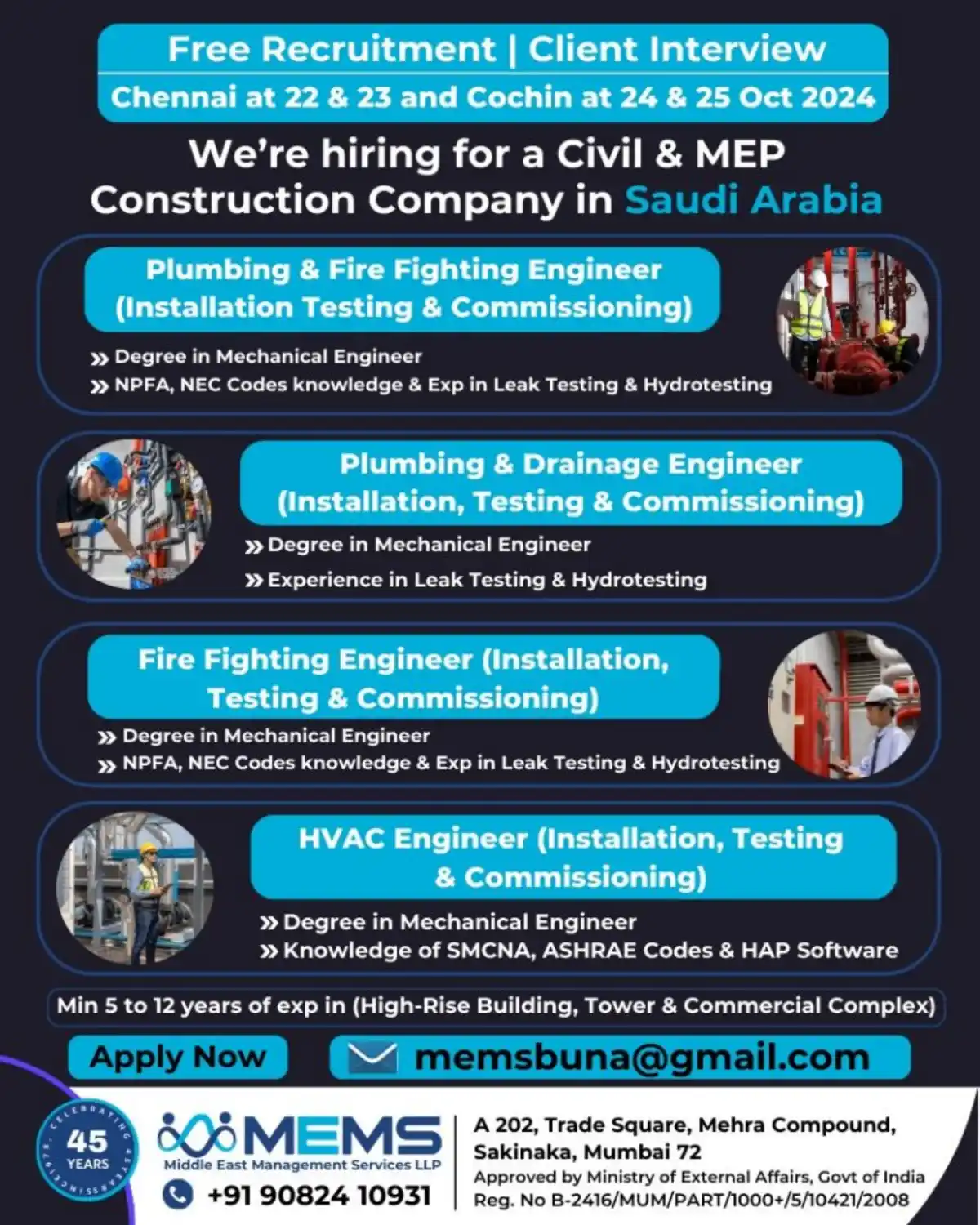 Hiring for Multiple Civil and MEP Positions