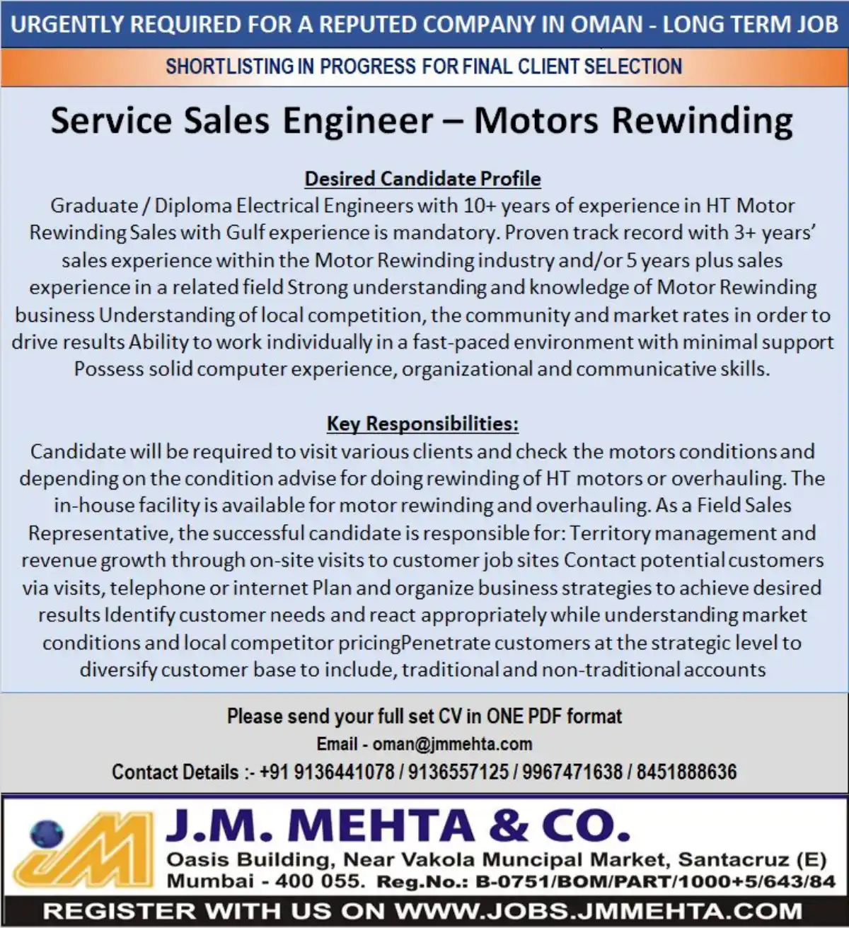 Hiring for Service Sales Engineer – Motors Rewinding (Oman)