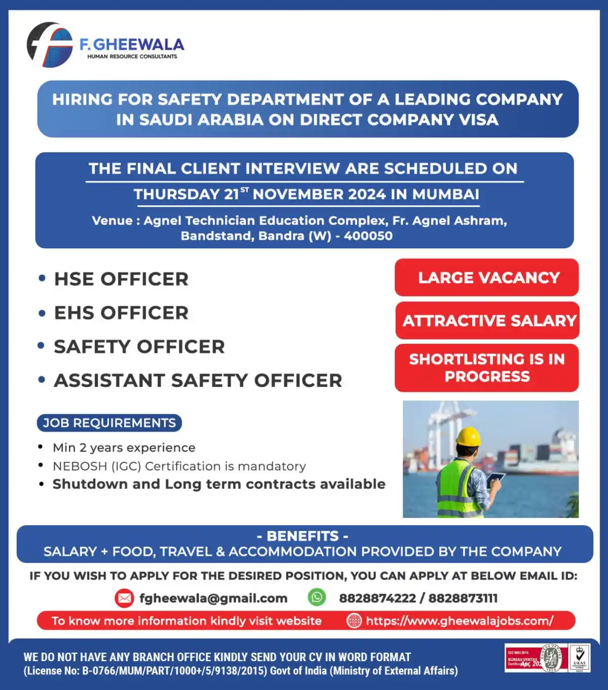 Urgent Walk in Interviews for Safety Department in Saudi Arabia