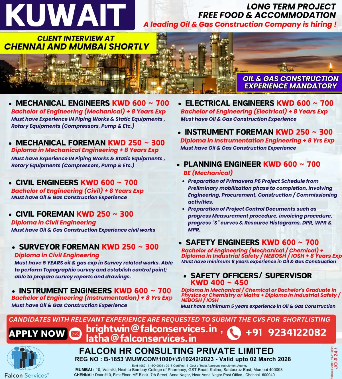 Urgent Hiring for Oil and Gas Construction Company in Kuwait