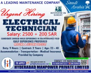 Hiring for Electrical Technician in Saudi