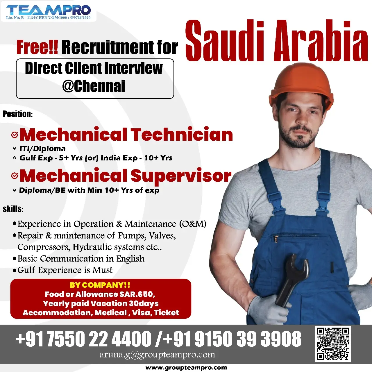 Hiring Mechanical Technician & Supervisor for Saudi Arabia